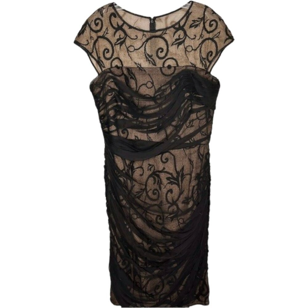 Tadashi Shoji Damask Embroidered Silk Sheath w/Mesh Overlay - Black/Gold - 14
